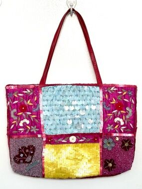 CHRISTIANA Mini Tote Fully Beaded & Embellished Bag in Fuchsia Pink Gold
